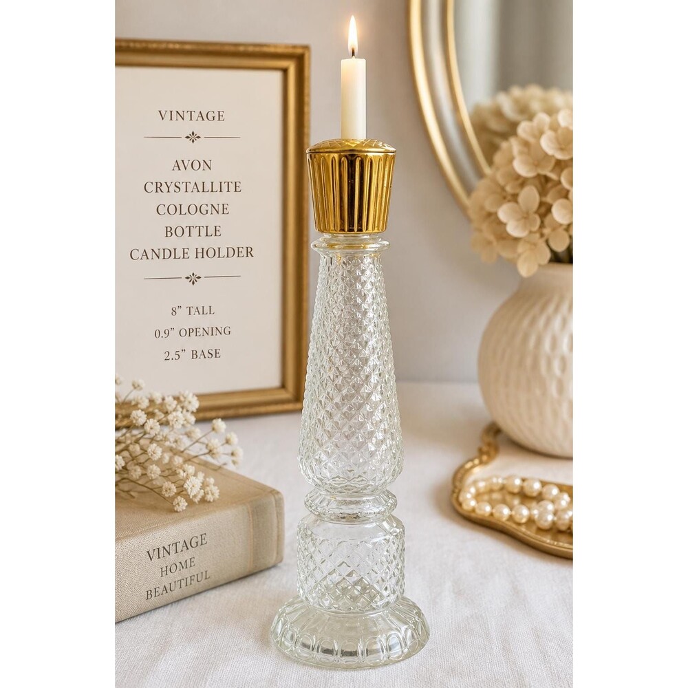 Vintage Avon Crystallite Occur Cologne Bottle Candle Holder 8” Glass MCM Decor
